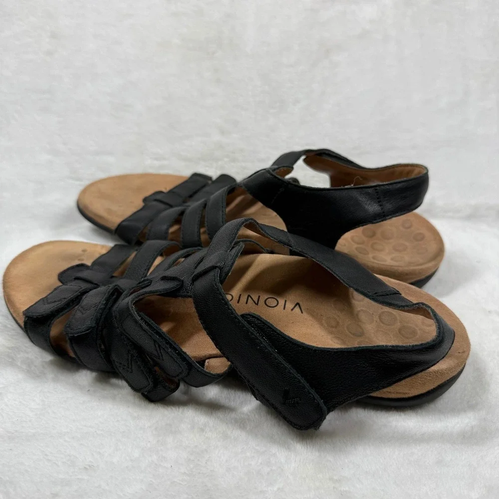 Vionic Amber Black Leather Adjustable Strappy Orthaheel Comfort Sandals Womens 9